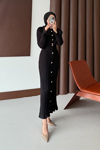 Rimel Moda Cape Brooch Buttoned Dress Black