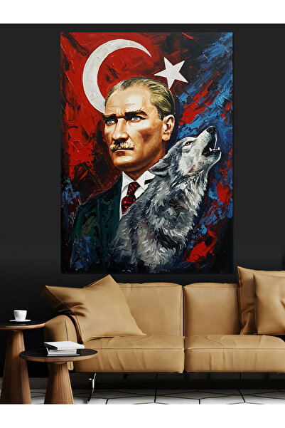 Artmeg Türk Bayraklı Kurt Çizimi Atatürk Dekoratif Kanvas - Mdf Ahşap Tablo
