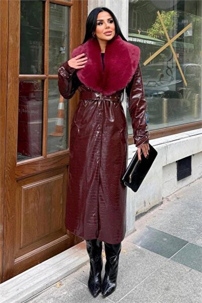 Dipmoda Palton de damă cu guler detașabil cu blană croco piele DPSTR1040