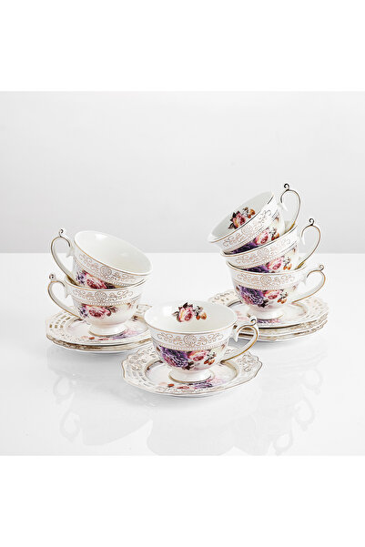 Malooki Set of 6 Porcelain Cups with Saucers – Vintage Floral Design, 90 ml