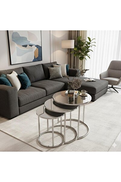 Nokta Sehpa Home Gümüş Metal Gümüş (DÜZ) Aynalı 3lü Zigon C Sehpa