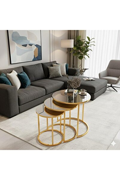 Nokta Sehpa Home Altın Metal (DÜZ) Aynalı 3lü Zigon C Sehpa