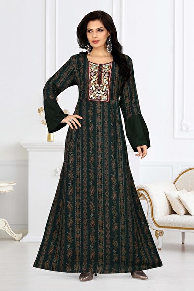 Zainah فستان جلابية/قفطان ماكسي أنيق مطرز | تصميم أنيق بقطع قماش مخيطة معاً وأكمام جرسية