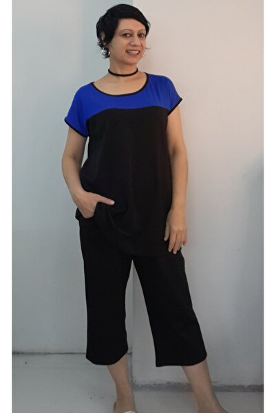 Mertcan Butik Black Indigo Blue Color Block Capri Length Size Whole Set Low-Sleeve Combed Viscose Suit