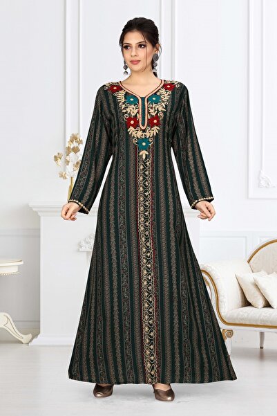 Zainah Premium Hand Embroidered Jallabiya / Kaftan Maxi Dress | Vertical Stri...
