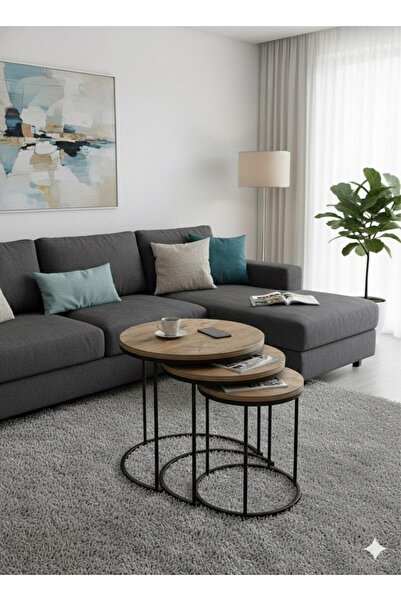 Nokta Sehpa Home Siyah Metal çam tabla 3lü Zigon C Sehpa