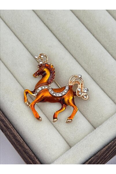 Luseda İthal Amber Tonlu Mine Detaylı Taşlı At Figürlü Zarif Broş
