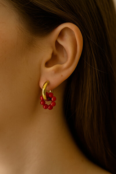 Flaubert Altın Renkli Çelik ve kırmızı Boncuklu Gerçek Çelik Halka Küpe