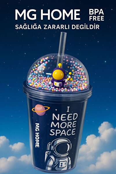 MG HOME Suluk Astronaut with a Straw 🚀   Uzay Design Children's Cup 🚀   Colorful Beaded Lid Water Bottle Flask 600 ml