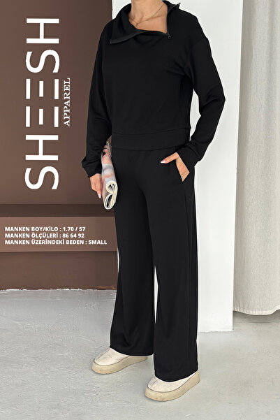 SHEESH APPAREL Soft Textured Modal Suit Top Cross Side Zipper Detailed Sweatshirt Bottom Palazzo Pantalon