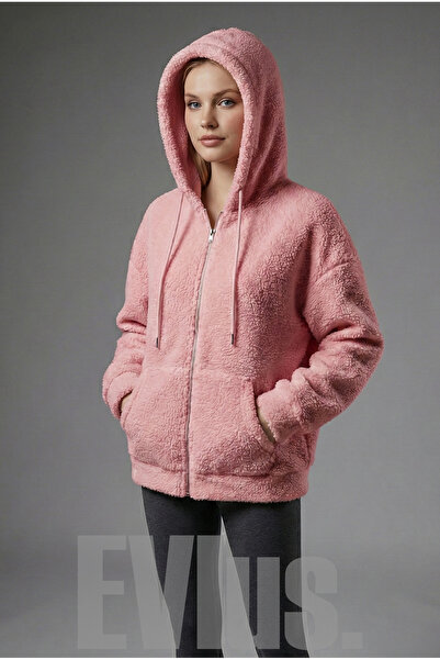 EVIus Plush Fabric Long Sleeve Hooded Cardigan Kangaroo Pocket Oversized Winter