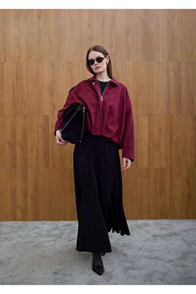 Birgül Bektaş Μπορντό σουέντ παλτό με λεπτομέρεια με πατέντα στο μπροστινό μέρος