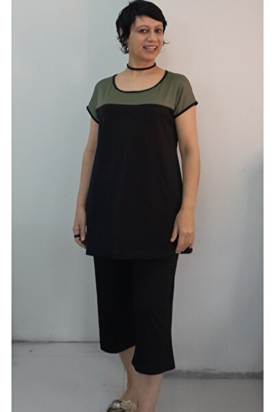 Mertcan Butik Black Green Color Block Capri Length with Pockets Size Fits All Low Arm Length Combed Viscose Suit