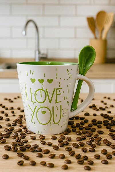 BUENOS Porselen Beyaz-Yeşil Renk Kaşıklı Kupa Bardağı-Kahve Kupası