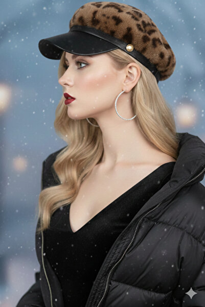 Etoile Studio Leopard Textured Faux Fur Baker Boy Women's Hat