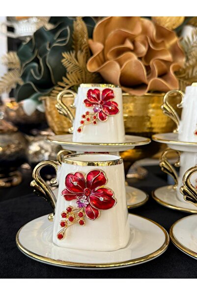 LOKMAN ZÜCCACİYE 6 Personalized Hand-Designed Red Flower Bronzed Gilt Coffee Cup Set 90 ml