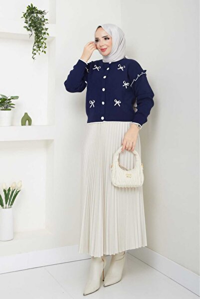 Blue Morpho Bow-Knot Knitwear Crop Cardigan Pleated Skirt Two-Piece Combination Set