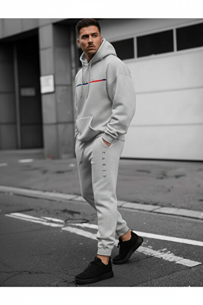 WOODROFFE Paris Printed Unisex Κάτω Μαύρο Ανδρικό Σετ Φούτερ με Κουκούλα Oversize