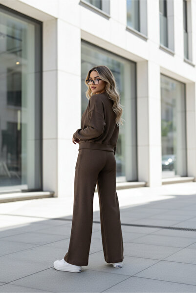 EYLANA Milk Coffee Fleece-Lined Tricot Pants Bomber Jacket Women's Top-Bottom Set