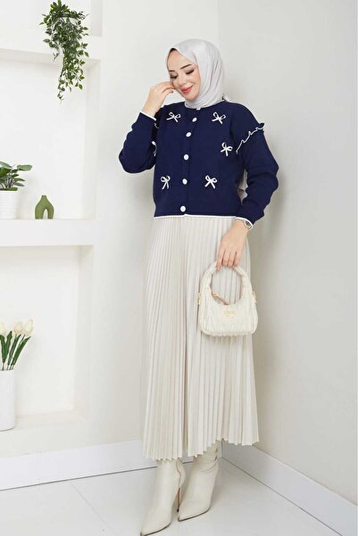 Blue Morpho Bow-Knot Knitwear Crop Cardigan Pleated Skirt Two-Piece Combination Set