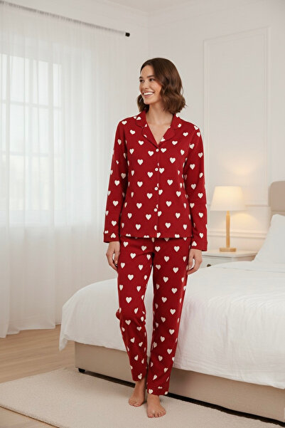 Free Beka Red Heart Patterned Long Sleeve Buttoned Front Shirt Collar Mother Daughter Pajama Set Combination