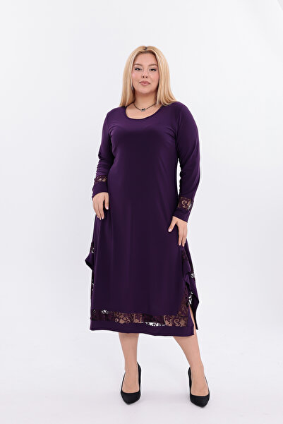 HELVEYS Modern Stylish Design Lace Trimmed Long Sleeve Crew Neck Asymmetrical Plus Size Dress 5018
