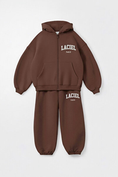 Magu Unisex Children's Cotton Brown Hooded Zippered Tracksuit Set – Relaxed Fit