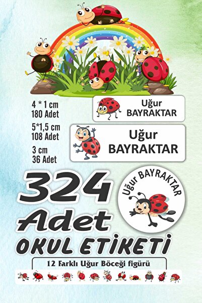 Vice isim Baskılı Defter Kalem Okul Etiketi (324 Adet Uğur Böceği Temalı Etik...
