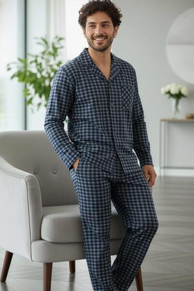 Pijamaevi Navy Blue Gray Plaid Patterned Front Buttoned Elegant Men's Pajama Set