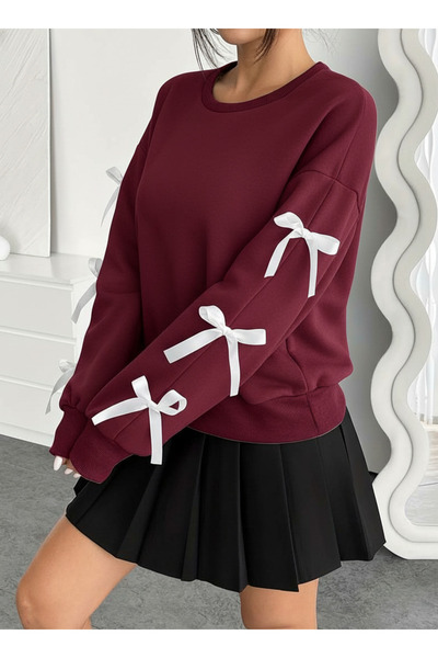 LEONE KOLEKSİYON Κομψό χειμερινό γυναικείο φούτερ με λεπτομέρεια με φιόγκο σε μπορντό χρώμα