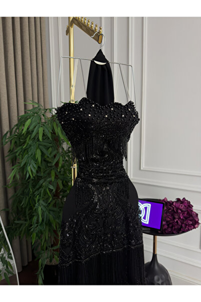 Generic Luxurious black evening dress with silver beadwork - elegant trim with a flowing chiffon shawl - classic elegance