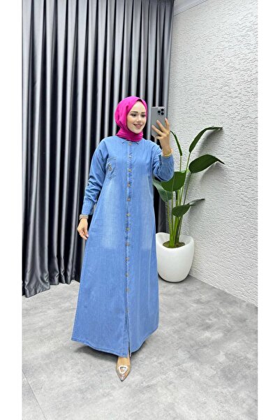 Weak Blue Women's Denim Casual Full Length Buttoned Hijab Dress