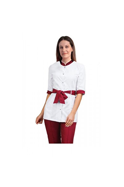 LifeStyle Medical Costum medical dama halat alb cu capse si pantaloni grena cu elastic, tercot, XXL