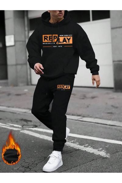 PAVRO Tracksuit Set Sweatshirt Jogger - Oversized Fleece-Lined Mixed Printed Hooded