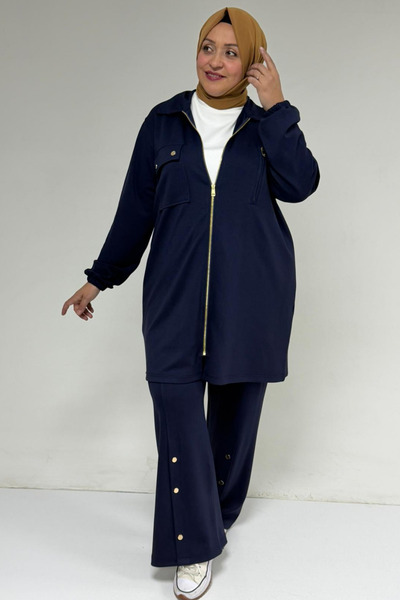 Eslina 57040 Plus Size Zipper Detailed Modal Double Suit - Navy Blue