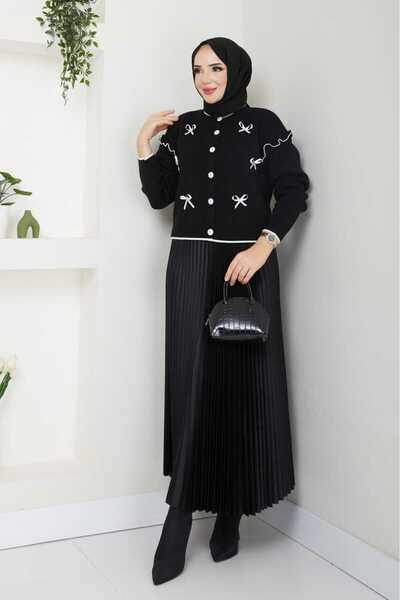 Blue Morpho Bow-Knot Knitwear Crop Cardigan Pleated Skirt Two-Piece Combination Set