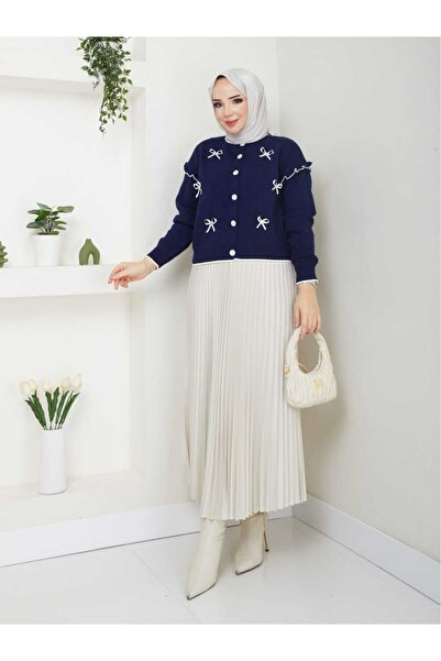 Blue Morpho Bow-Knot Knitwear Crop Cardigan Pleated Skirt Two-Piece Combination Set