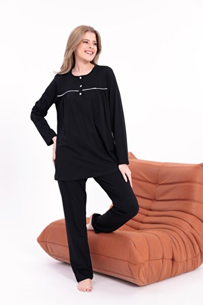 BLACKMORE Women's Black Plus Size Cotton Button down Pajama Set