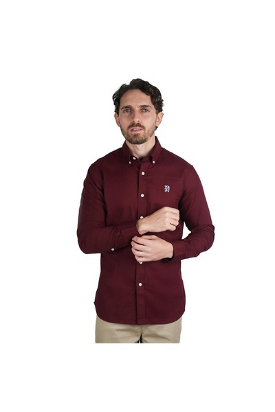 Giordano Men's Cotton Oxford Shirt - Small Lion Embroidery, Slim Fit, Full Button