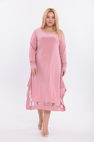 HELVEYS Modern Stylish Design Lace Trimmed Long Sleeve Crew Neck Asymmetrical Plus Size Dress 5018