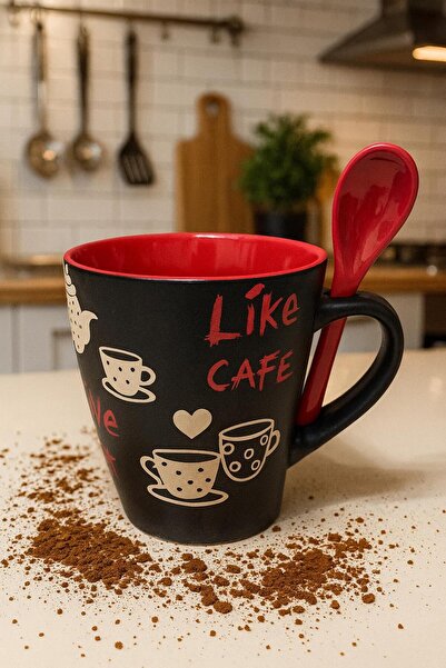 BUENOS Porselen Kırmızı-Siyah Renk Kaşıklı Kupa Bardağı-Kahve Kupası