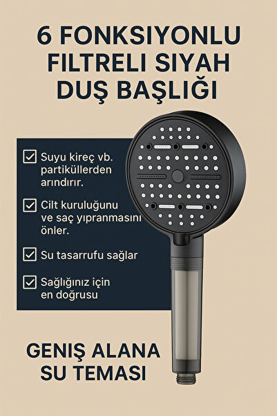 KUSTAR PureFlow Filtreli Duş Başlığı | 6 Adet Yedek Filtre | Kireç Önleyici | Su Arıtıcı | Klor Arıtıcı