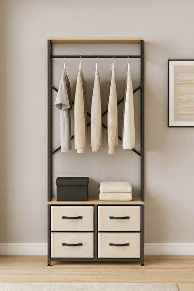 miyuhome Metal Raflı Elbise Askılığı Yatak Odası Deri 4 Çekmeceli Askılık Por...