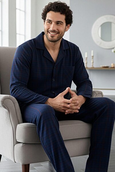 Pijamaevi Navy Blue Green Plaid Patterned Front Buttoned Elegant Men's Pajama Set