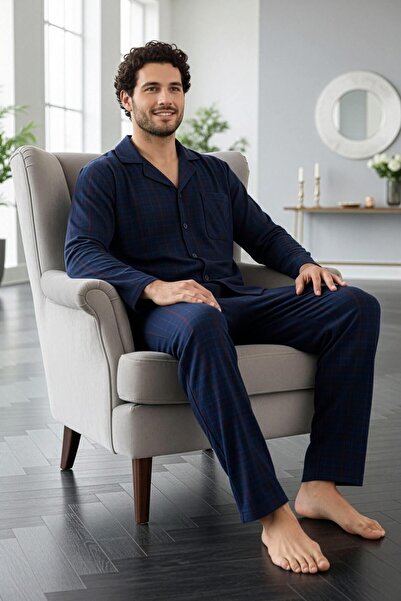 Pijamaevi Navy Blue Green Plaid Patterned Front Buttoned Elegant Men's Pajama Set