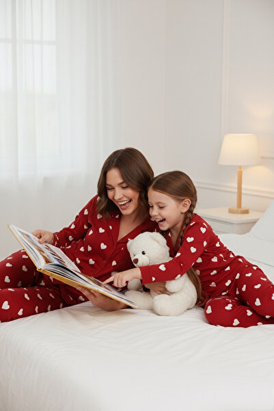 Free Beka Red Heart Patterned Long Sleeve Buttoned Front Shirt Collar Mother Daughter Pajama Set Combination