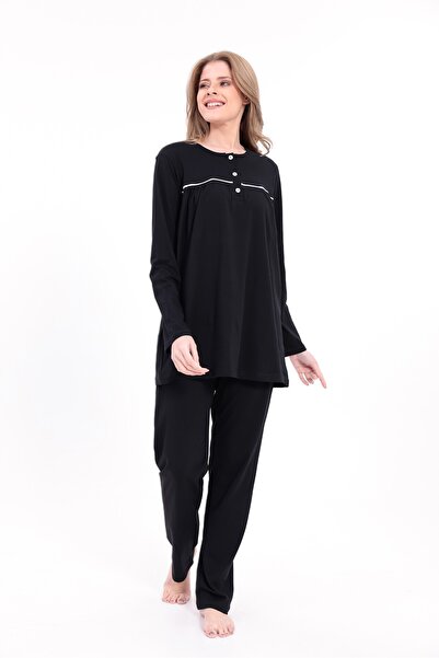 BLACKMORE Women's Black Plus Size Cotton Button down Pajama Set