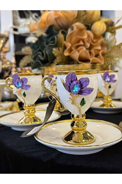 LOKMAN ZÜCCACİYE 6 KİŞİLİK AYAKLI YALDIZ DETAYLI MAVİ TAŞ BROŞLU ÖZEL TASARIM KAHVE FİNCAN TAKIMI 90 ML