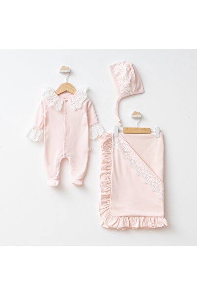 Pugi Baby Pugi Girl 0-3 Months Lace 3-Piece Set Hospital Release Mevlüt Set Jumpsuit Blanket with Lace Details