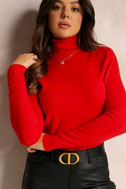 FashionForYou Women's knitted sweater ARYA, with roll neck, Red, Size S/M